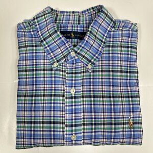 Ralph Lauren MenShirt Blue Plaid Button Up Long Sleeve 100% Cotton Pony Sz XL